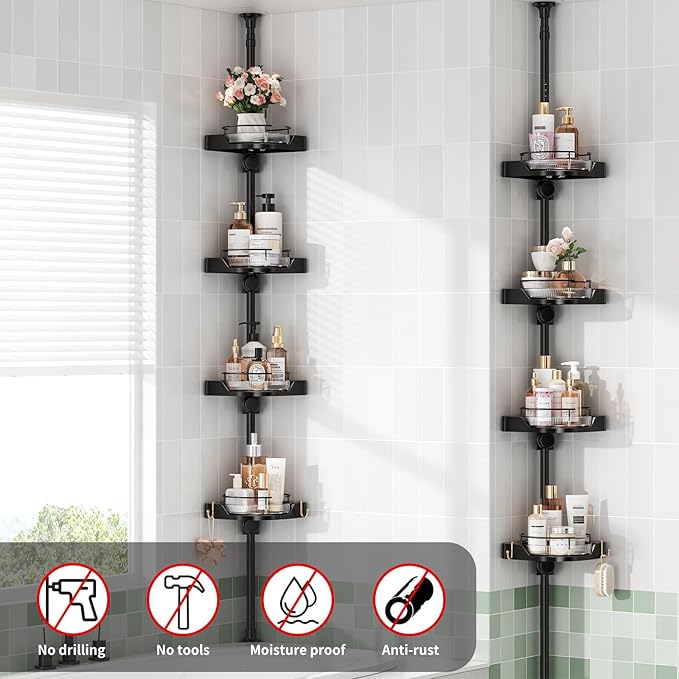 360° Rotating Shower Caddy Tension Pole, 4 Tiers Corner Shower Organizer for Bathroom Shelf Bathtub, Adjustable Standing Shower Rack Bathroom Accessories, Easily Assemble, 34-124 Inch Height, Black