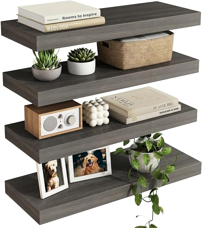 Fixwal 15.8in Floating Shelves, Rustic Wood Finish Wall Shelves Set of 4, Shelves for Wall Decor, with Invisible Brackets for Bathroom, Living Room,Bedroom and Kitchen(Gray)