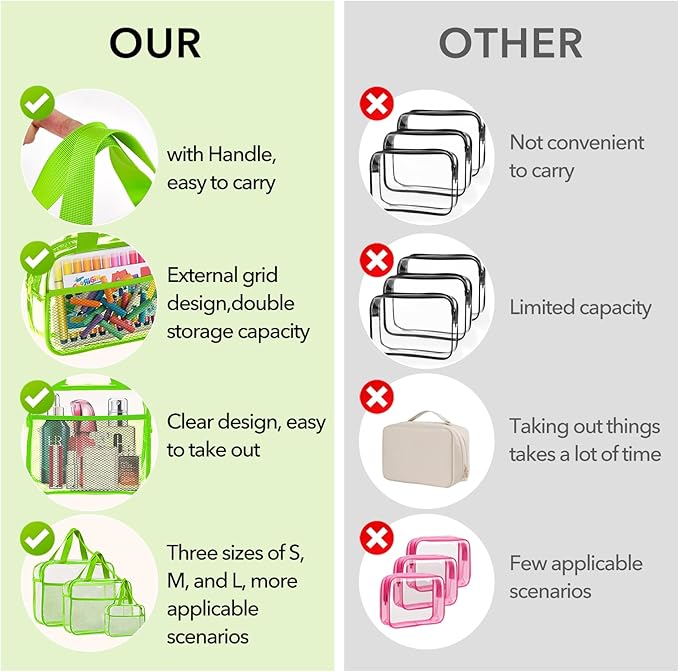 XEWEA Clear Travel Toiletry Bags, 3 Pack TSA Approved Transparent Makeup Bag for Men Women, Large Waterproof PVC Quart Organizer with Zipper for Toiletries Airline Essential,Toy Storage Pouch Green