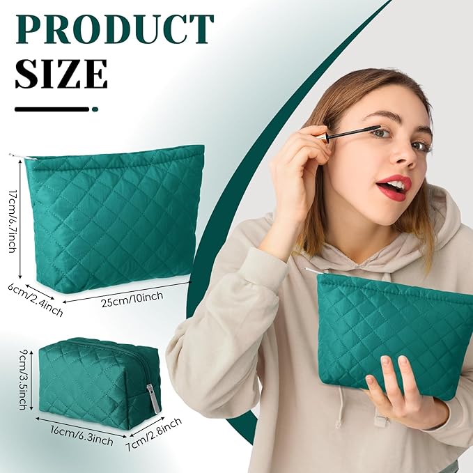 2 Pcs Pencil Case Quilted Makeup Bag Aesthetic Cosmetic Pouch for Women Puffer Travel Toiletry Bag Set Cotton Small Purse Pouch Makeup Organizer with Zipper(Green)