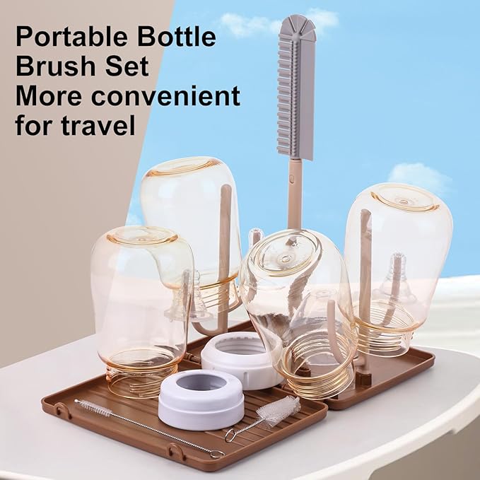 Baby Bottle Drying Rack，Travel Baby Bottle Drying Rack Set, Cleaner Kit with Silicone Bottle Brush,Straw Brush, Suitable for Home use or Traveling with Babies (Coffee Color)