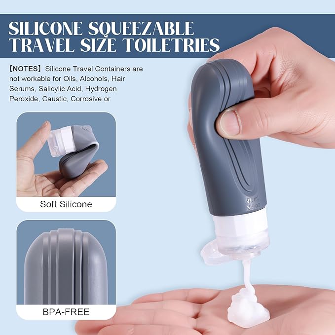 Travel Bottles for Toiletries, 3oz TSA Approved Travel Size Toiletries, Silicone Leak-Proof Refillable Containers, Squeezable Liquid Essentials Bottles W/Clear Bag (GRAY)