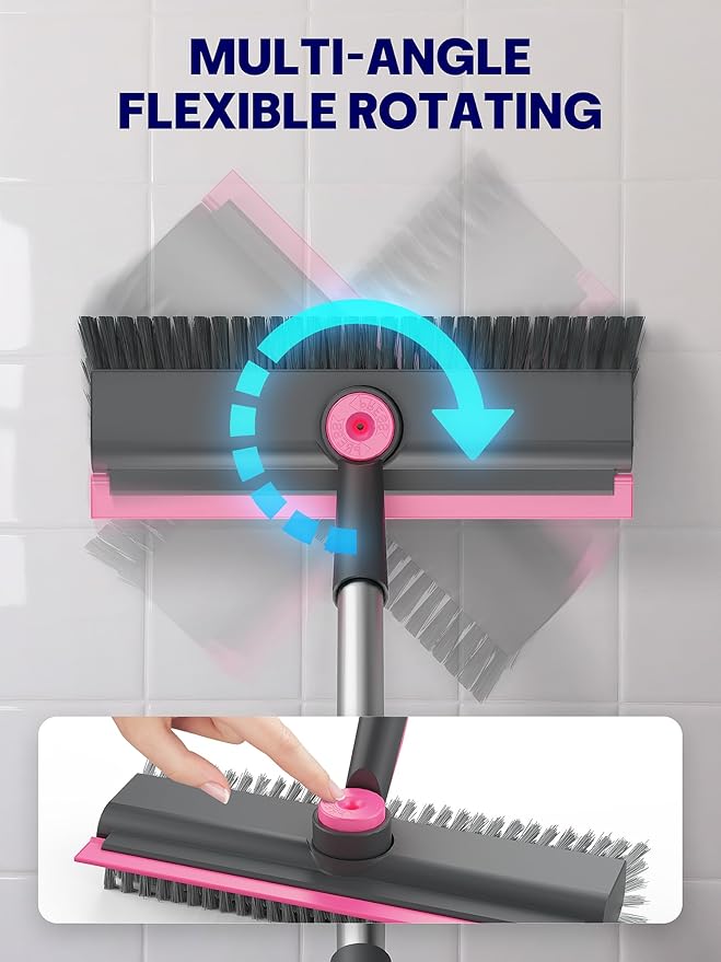 HelpX Floor Scrub Brush with Long Handle, 3-in-1 Multi-angle Swivel Right-Angled Bristle Floor Scrubber Brush with Squeegee and Tweezer for Tile Wall Deck Bathroom Patio Garage Kitchen (Pink and Grey)