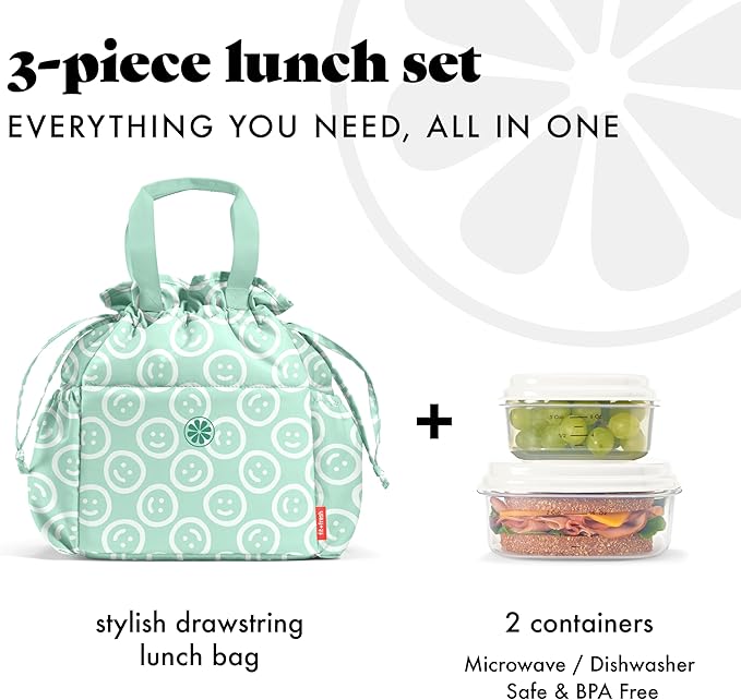 Fit & Fresh Cromwell Drawstring Lunch Bag for Women, Complete Lunch Set with 2 Containers, Stain-Resistant, Leak-Resistant, Back to School Essential, Teacher Lunchbox, All Smiles Mint
