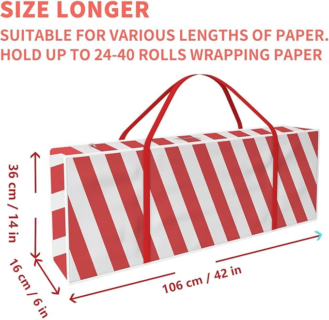 Safana Wrapping Paper Organizer Storage Bag, 42" Durable 600d Oxford Christmas Gift Wrapping Organizer Box Under Bed Storage Containers for Decorations Paper Rolls, Ribbons, Balls, Bows (Red Stripe)