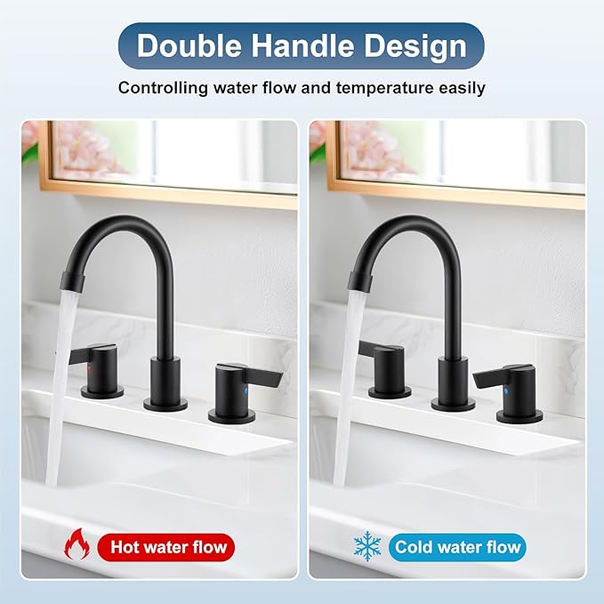 Cinwiny Bathroom Sink Faucet 3 Hole, 8 Inch Widespread Bathroom Sink Faucet with 2 Handles, Pop-up Drain & Hair Catcher Included for Vanity RV Farmhouse Sink, Matte Black