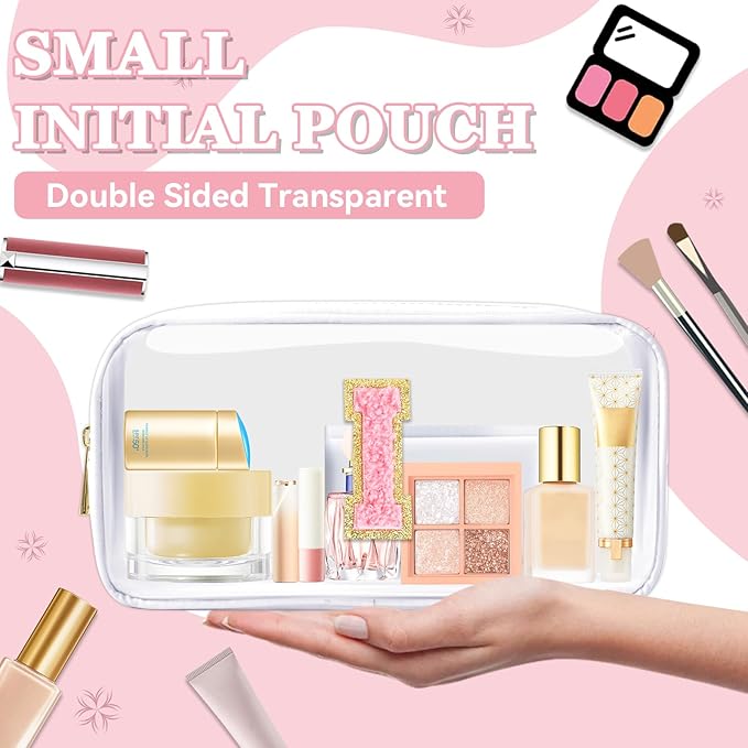 Small Clear Personalized Initial Makeup Bag,Nylon Preppy A-Z Chenille Letter Patch Cosmetic Pouch Beach Toiletry Bag,Waterproof Zipper Travel Purse Storage Bag Organizer for Women Girls(White-Pink I)