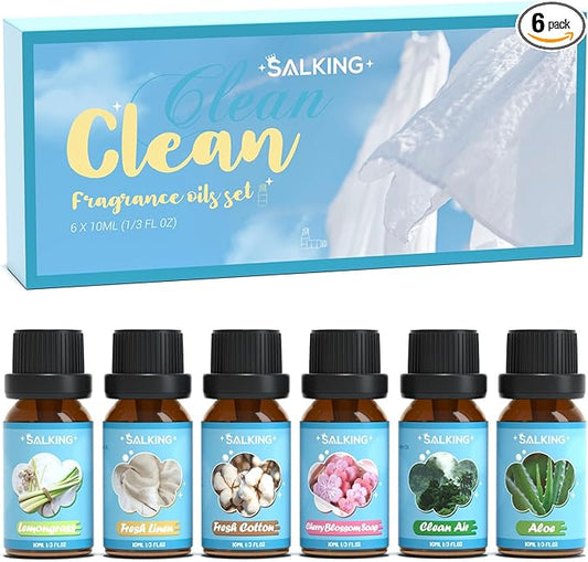 SALKING Clean Fragrance Oils Set, Premium Essential Oil for Diffuser, Scented Oil Gift Set for Soap Candle Making - Lemongrass, Fresh Cotton, Fresh Linen, Cherry Blossom Soap, Clean Air, Aloe