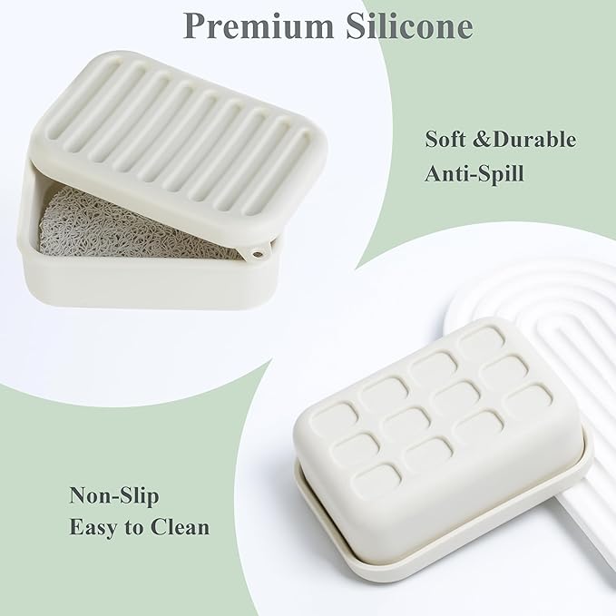 Portable Leakproof Travel Soap Case, Silicone Travel Soap Case, Compact Soap Holder with Drainage Layer, Travel Soap Holder for Camping, Gym, Outdoor (Rice White)