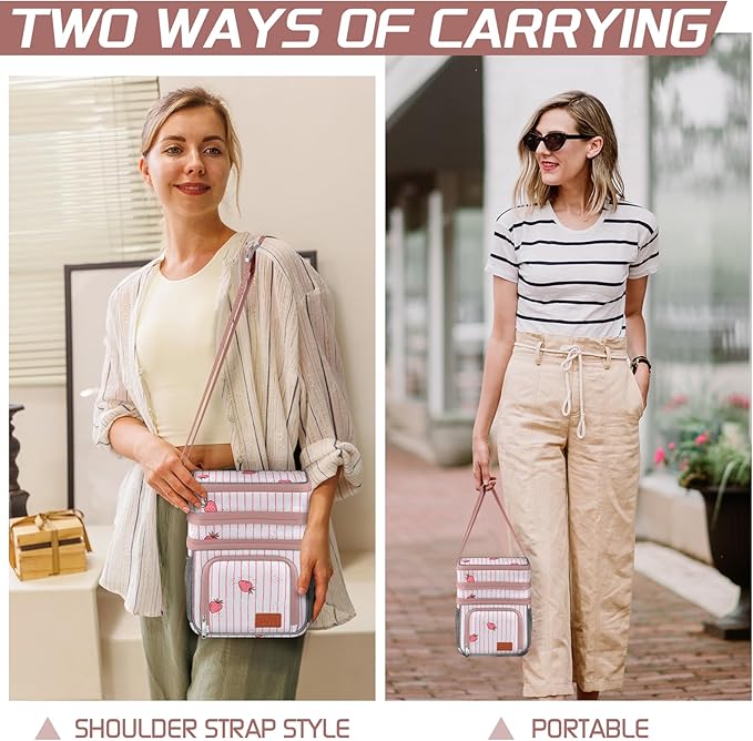 Insulated Lunch Bag for Women Men, Reusable 3-Layer Lunch Box for Women, Expandable Reusable Water-Resistant Lunch Box for Work, Travel, Office, Picnic, Hiking (Pink)