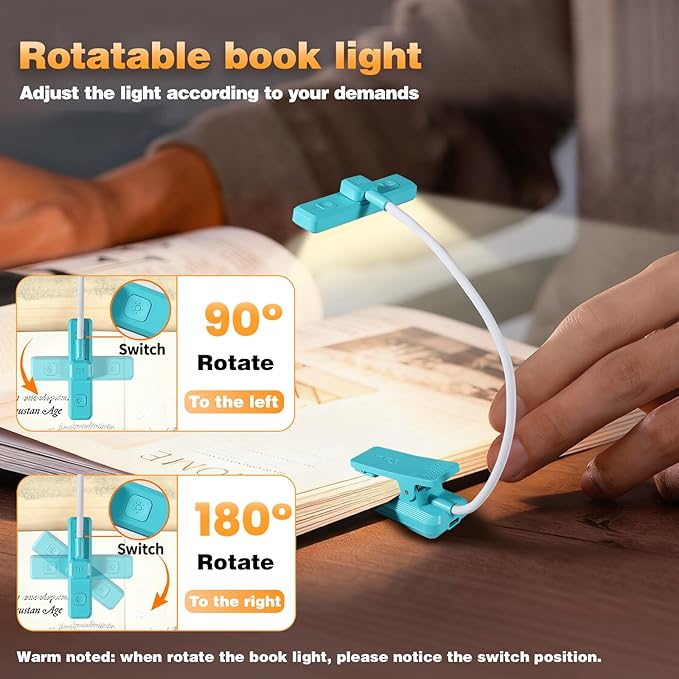 VAVOFO Rechargeable Book Light Rotatable：24 LEDs Reading Light, 3-Color & 9-Brightness Book Lamp, Eye Cared 120Hrs Runtime Lightweight Clip on Led Light for Book Lovers (Blue)