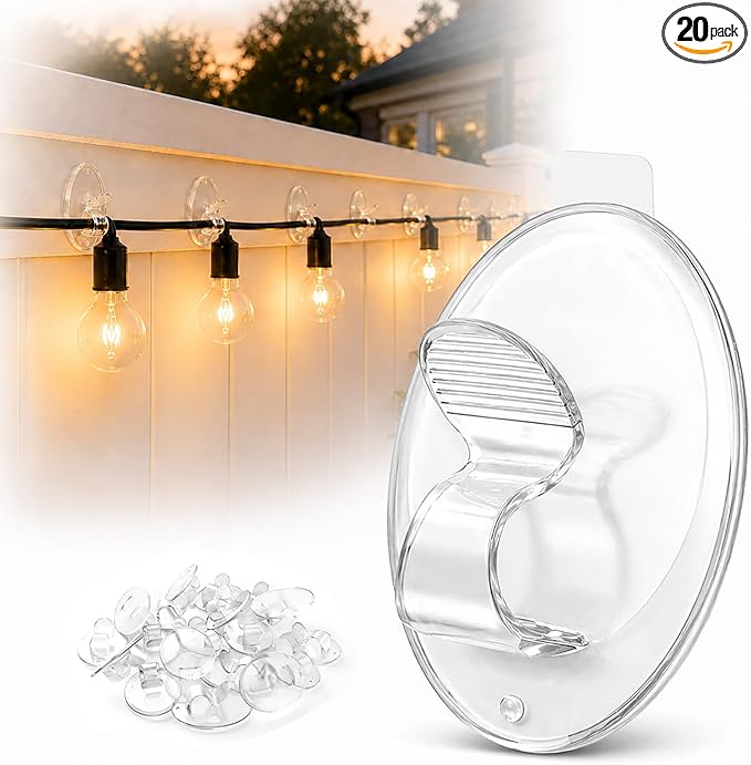 Hooks Lights Clips Outdoor String - 3X Stronger Adhesion 20Pcs Clear Heavy Duty Hangers Waterproof Adhesive - Sticky Removable 0 Residue No Drill Indoor Garage - for Patio Fence Gutters Wall Christmas