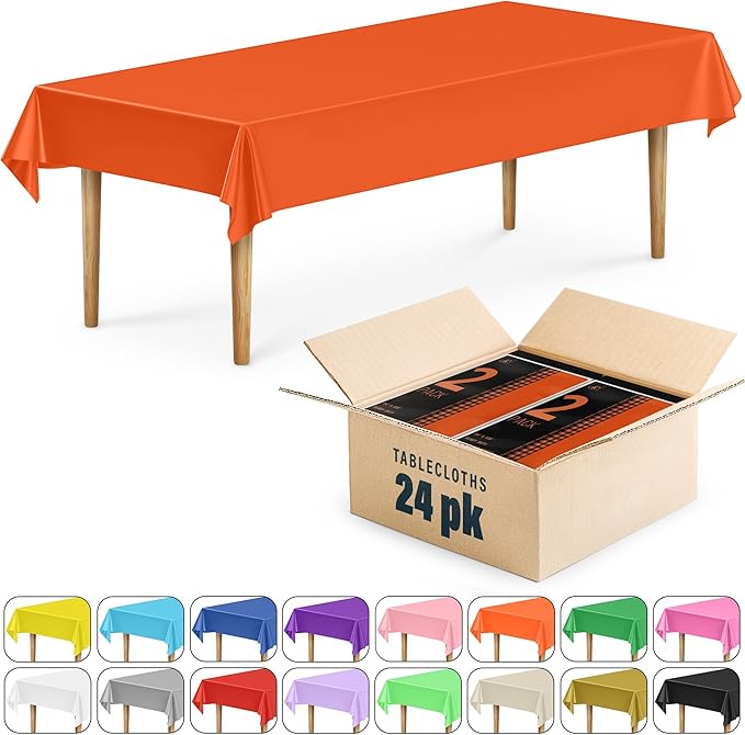 DecorRack 24 Pack Rectangular Tablecloths BPA-Free Plastic, 54 x 108 inch, Dining Table Cover Cloth for Parties, Picnic, Camping and Outdoor, Disposable or Reusable in Bright Orange (24 Pack)
