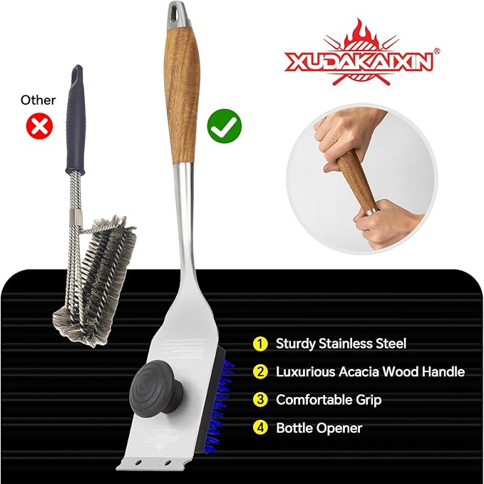 XUDAKAIXIN Grill Brush and Scraper, Dual Grip Design, Extra Strong BBQ Cleaner Accessories, Safe Nylon Bristles Barbecue Triple Scrubbers Cleaning Brush for Cast Iron Grates/Porcelain/Charcoal Grill