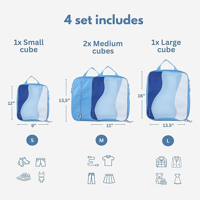 Compression Packing Cubes, 4 Set Packing Cubes for Travel, Travel Essentials for Men, Compressible Package Organizer for Suitcases, Navy Blue