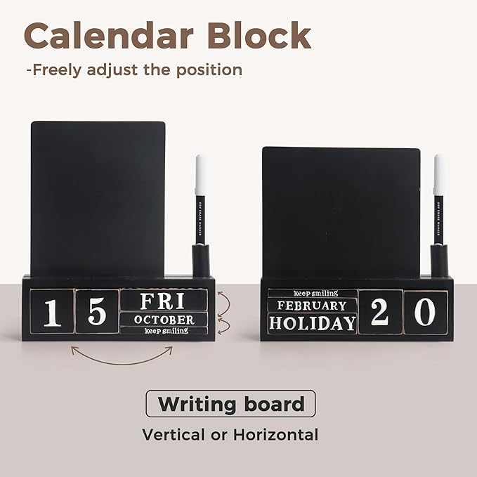 SELEAD Wooden Block Desk Calendar with Chalk Board - Daily Desktop Perpetual Calendar Words Sign Quotes for Home Office Classroom Decor, Teachers Students - Black