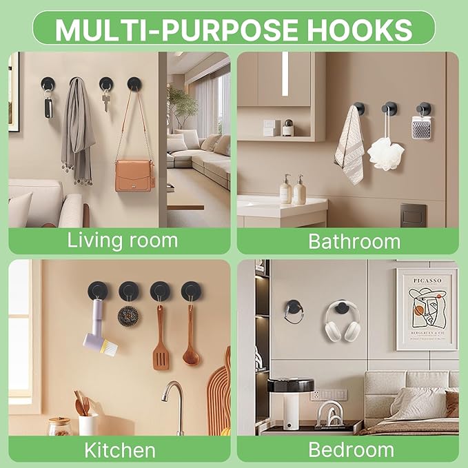 Black Waterproof Suction Cup Hooks, 4-Pack Heavy Duty Stainless Steel No Drill Shower Hooks for Hanging Towels, Robes, Loofahs, Holder Holds Strong on Tile, Glass, Mirror, Wall, Bathroom Door
