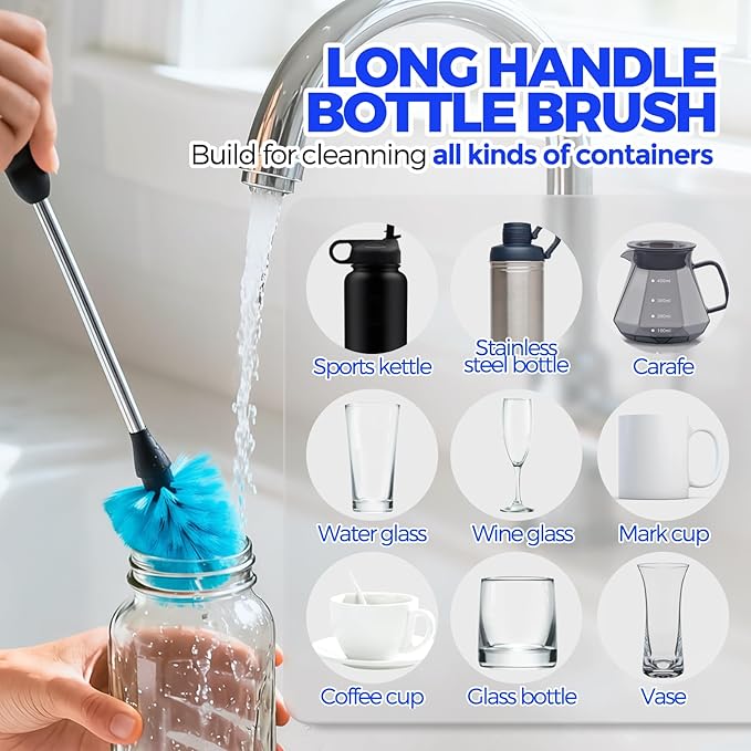 Holikme 6 Pack Bottle Brush Set, 14.5" Long Handle Stainless Steel Bottle Cleaner Brush, Long-Handled 6-in-1 Stainless Steel Bottle Brushes for Water Bottle, Cups, Abrasive Wheel Brushes, Blue