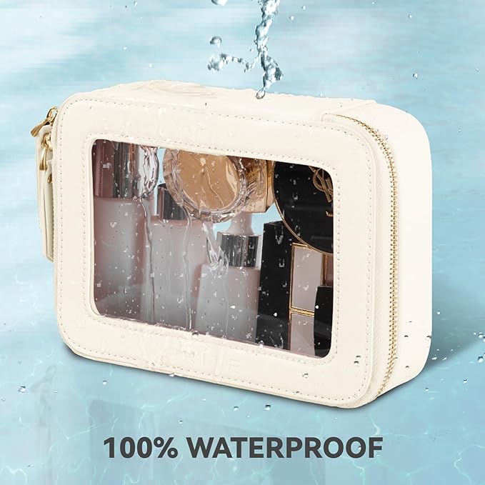 Prite Clear Makeup Bag Cosmetic Organizer Case Waterproof Travel Toiletry Bag Skincare Pouch with Golden Zipper (Beige)