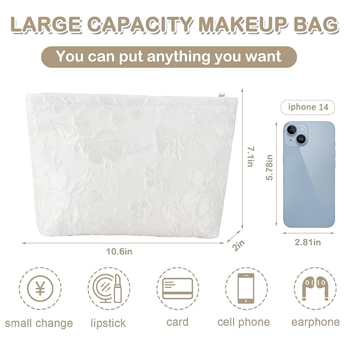 ZLFSRQ Flower Makeup Bag for Women Girls Teens Travel Cute Floral Cosmetic Bags Large Zipper Cosmetic Pouch for Purse Portable Toiletry Bag Aesthetic Embossed White Makeup Brushes Storage Organizer