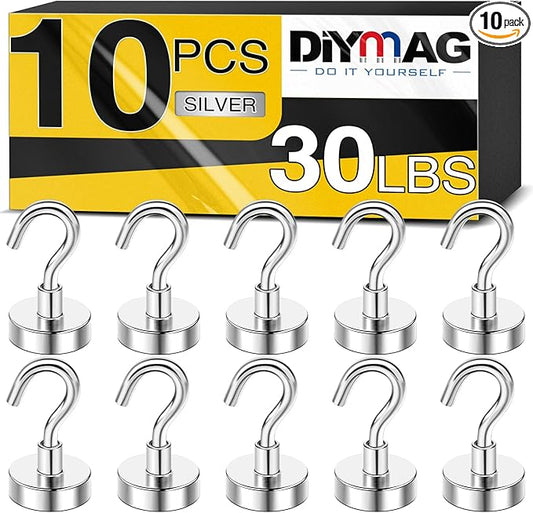 DIYMAG Magnetic Hooks for Hanging Cubicle Accessories, 30lbs 2026 Cruise Cabin Ship Essentials N52 Magnetic Hook Heavy Duty Strong Magnets Fridge for Classroom Beach Kitchen Grills 10 Pack Silver