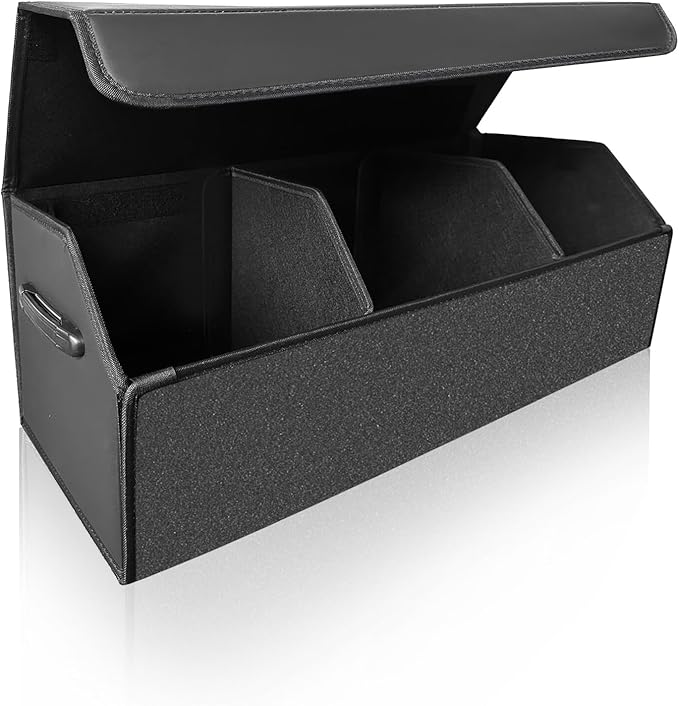 Fyzeoty Car Organizers for Trunk for SUV Sedan, Leather Storage Box, Extra Large, Magnetic Lid, Collapsible and Adjustable, S004, Black