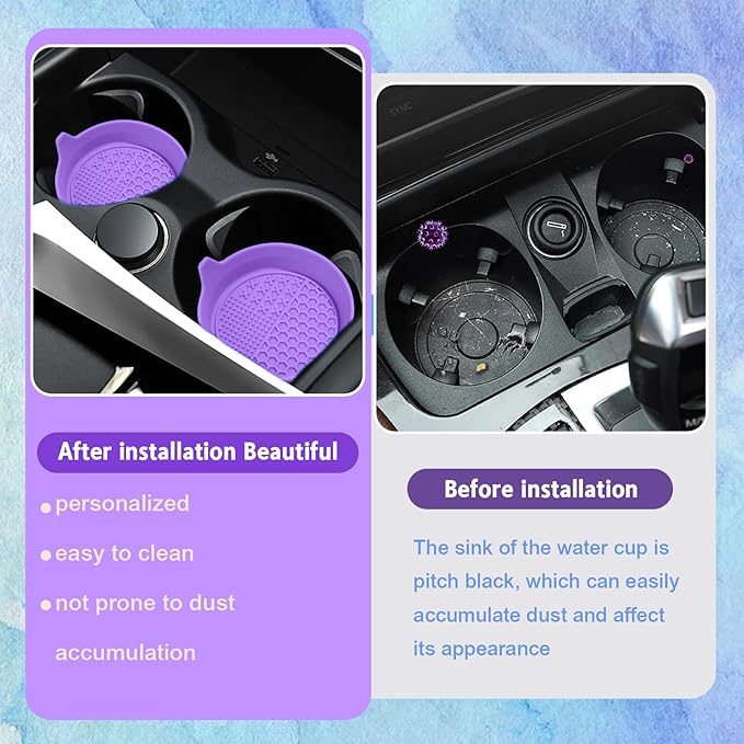 4PCS Car Cup Holder Coaster, Silicone Non-Slip Vehicle Insert Water Bottle Mat, Universal Insulation Drink Cup Pad Decor for SUV/Sedan/Truck, Automotive Interior Accessories (Purple)