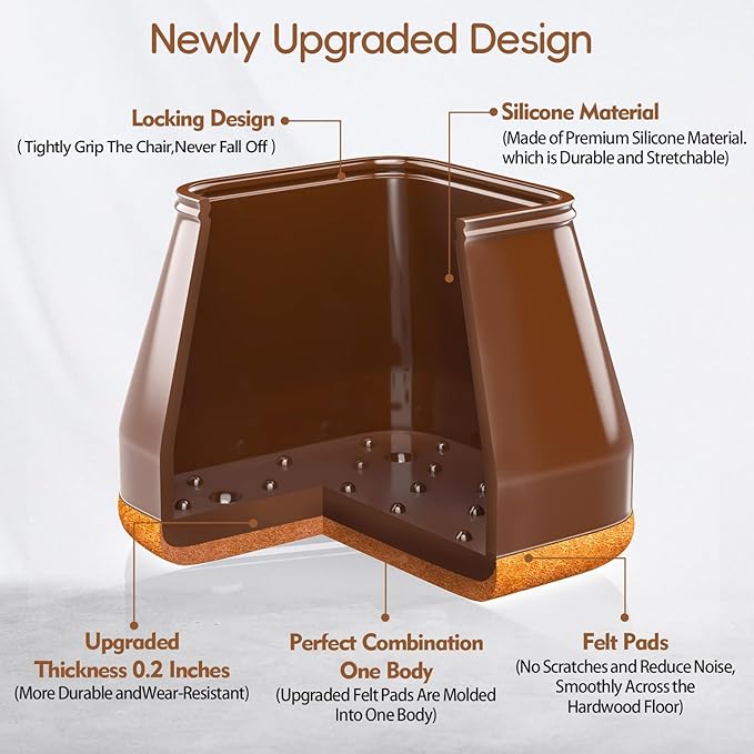 16Pcs Square Chair Leg Floor Protectors with Thickened Felt Pads Silicone Chair Leg Covers Caps to Protect Hardwood Tile Floors Furniture Feet Reduce Noise (Brown XS Fit 0.55"-0.75")