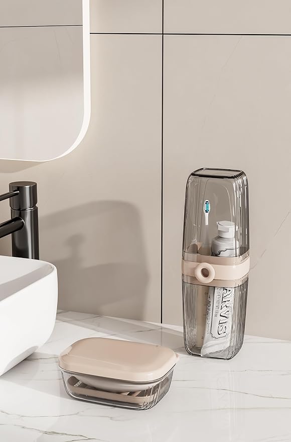 Toothbrush Travel Case, 2 in 1 Toothbrush Holder and Rinse Cup, Large Capacity Toothbrush Cup with Cover, Portable Travel Toothbrush Holder for Traveling, Camping, Trip - 1Pcs - Beige&Clear