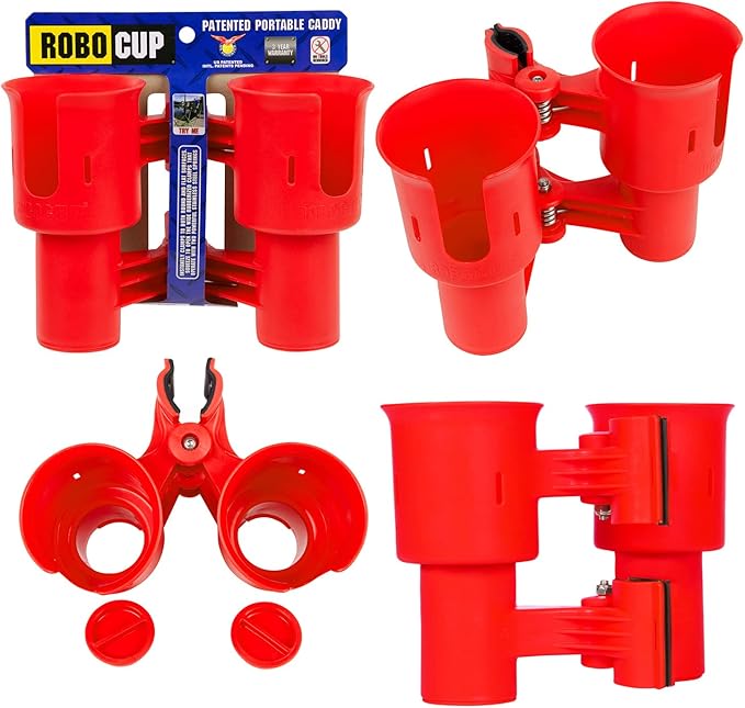 ROBOCUP, (Red), Patented Clamp On Boat Cup Holder |Multifunction Dual Drink Caddy for Fishing Poles, Tools, Net, Gaff |Portable Storage for Boating, Beach, Umbrellas, Golf Carts, Strollers
