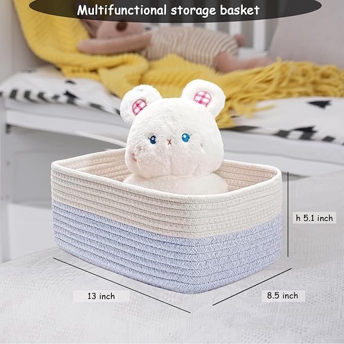 COMFY-HOMI 13" x 8.5" x 5.1" Storage Baskets for Organizing | Cotton Rope Woven Basket | Toy Storage Bin Box | Basket for Shelves, Closet Organizer Bin, Decorative Closet Shelf, 3 Pack, white/bule