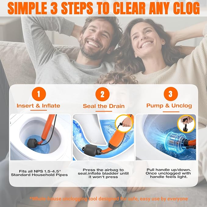 Manual Drain Unclogger, High Pressure Toilet Plunger: No-Splash, No Electricity, No Accessories, Pipe-Safe, Easy to Use, Reusable & Easy to Clean for Toilet, Sink, Bathtub, All Household Pipes