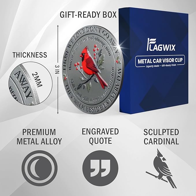 FLAGWIX Sympathy Gifts for Loss of Loved One - Cardinal Metal Car Visor Clip 3 in - Christmas Memorial Gift for Men Women, Sun Visor Clip Car Accessories, Grief Memorial Gifts, Bereavement Gift Ideas