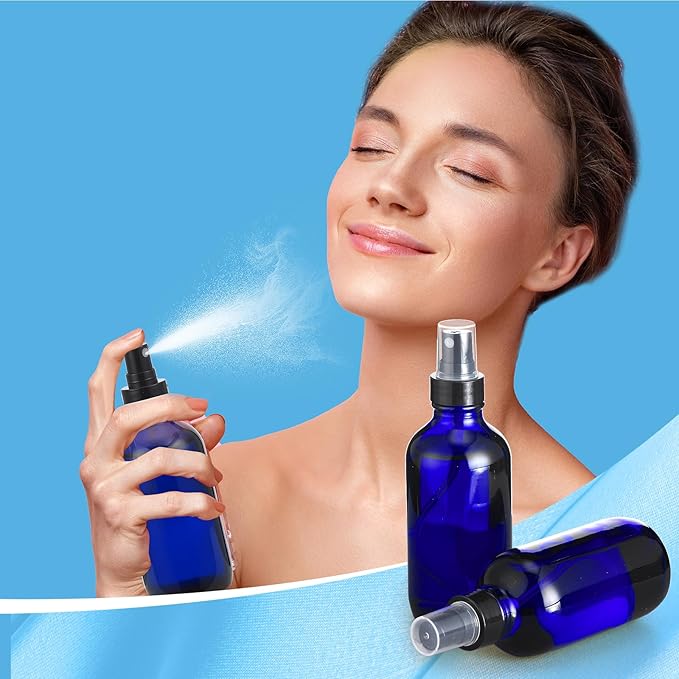Fumete 2 Pack Glass Bottles 4oz Empty Refillable Liquid Containers with 1 Label 1 Funnel for Essential Oils Hair Travel Plants Cleaning Skin Care(Blue, Black Top,Mist Bottle)