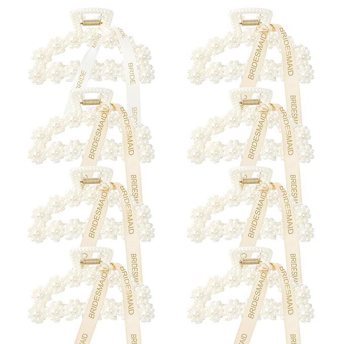 DEEKA Bridesmaid Proposal Gifts 8 Pack Pearl Bridesmaid Hair Claw Clips with Ribbon 3 Inch Hair Clips Bachelorette Party Favors Bridal Party Present Hair Accessories (Half Circle White&Champagne)