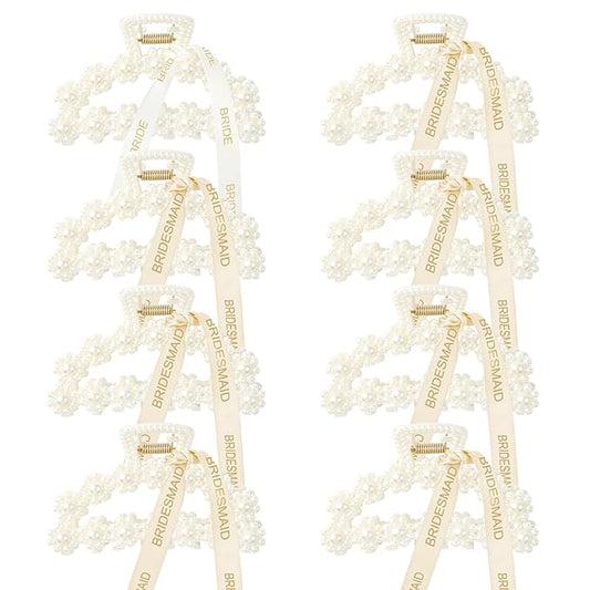 DEEKA Bridesmaid Proposal Gifts 8 Pack Pearl Bridesmaid Hair Claw Clips with Ribbon 3 Inch Hair Clips Bachelorette Party Favors Bridal Party Present Hair Accessories (Half Circle White&Champagne)