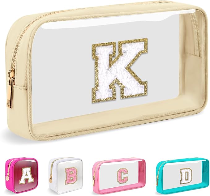 Small Clear Personalized Initial Makeup Bag,Nylon Preppy A-Z Chenille Letter Patch Cosmetic Pouch Beach Toiletry Bag,Waterproof Zipper Travel Purse Storage Bag Organizer for Women Girls(Beige-White K)