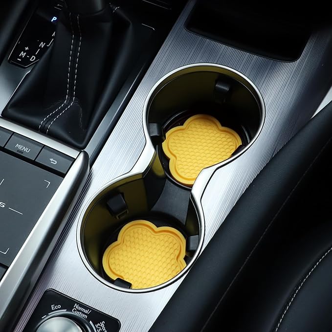 GaRhomxy Car Cup Holder Coaster, Universal Non-Slip Recessed Flower Shaped Cup Holders, Cute Car Accessories Interior for Women and Man Interior Sets 4 Pack (Yellow)