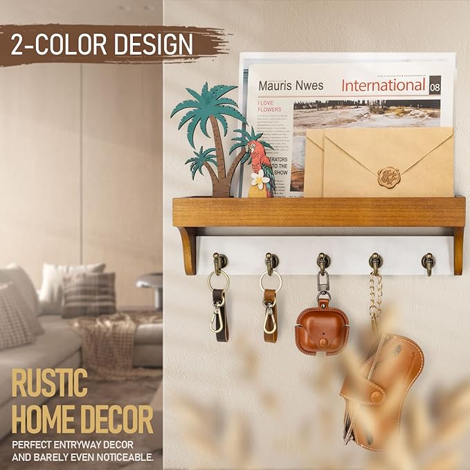 Rebee Vision Key and Mail Holder for Wall with Shelf - Farmhouse House Decor with 5 Rustic Keys Hooks and Decorative Mail Organizer Wall Mount - Decorative Apartment Essentials (Light Brown & White)