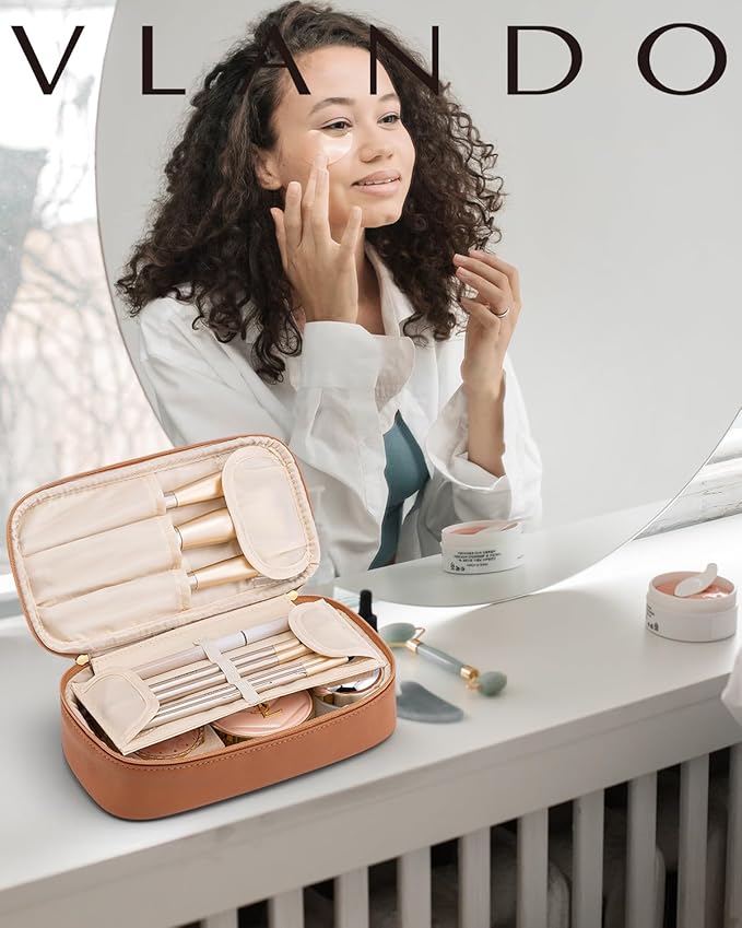 Vlando Travel Makeup Bag,Small Makeup Bag for Women,Gifts for Women Girls, Makeup Pouch Purse Travel Essentials Toiletries-Brown