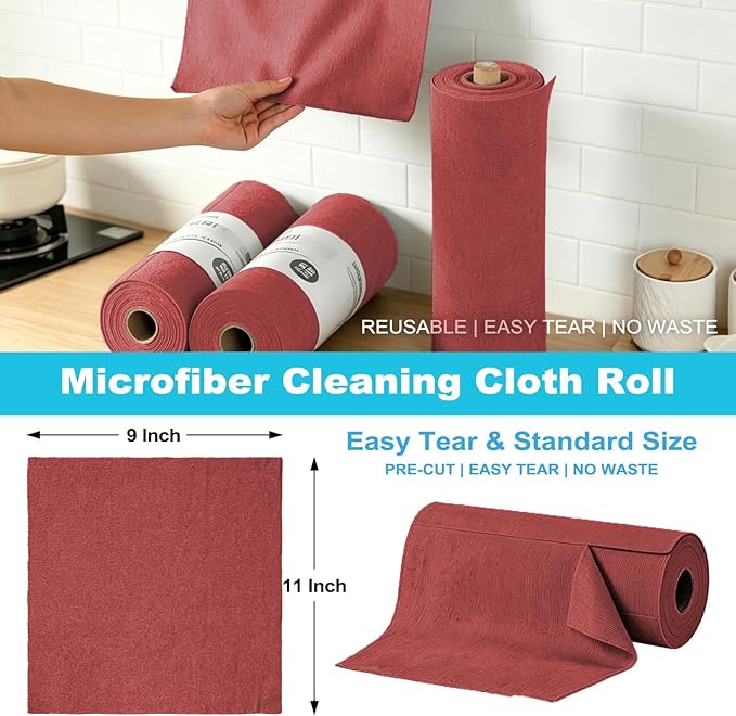 Puomue 55 Pack Microfiber Cleaning Cloth Roll, Tear Away Reusable Paper Towels, 11" X 9", Ultra Absorbent & Lint Free Microfiber Cloth for Cleaning Cars, Kitchen, Window, Home and Shop, Burgundy Red