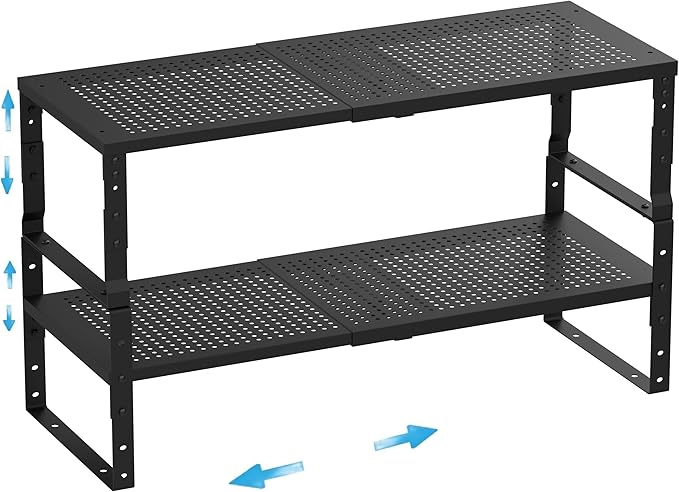 Wobmmi Expandable,Adjustable & Stackable Spice Rack, Cabinet Kitchen Countertop Shelf Organizer,Metal Pantry Storage Shelves - Space-Saving Storage Solution(2Packs/Black/Medium)
