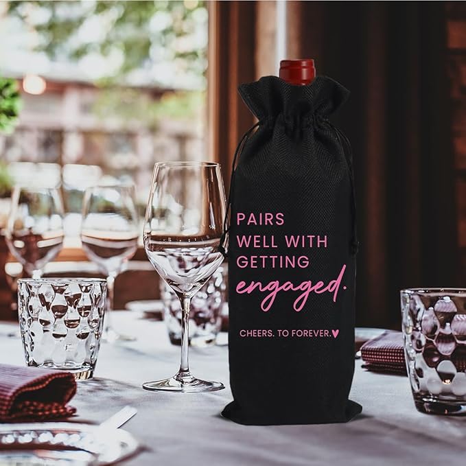Engaged Gifts, Engagement Gifts for Couples Her, Engagement Party Decorations Gifts for Engaged Couple Wine Bag, Pairs Well with Getting Engaged Wine Bottle Bag（Black）