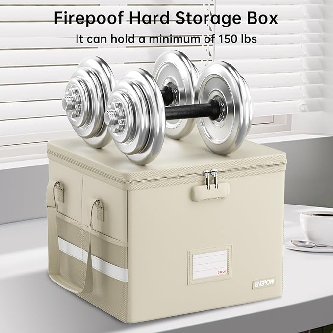 ENGPOW 5200°F Fireproof Document Box with Lock, Heat-Insulated Collapsible File Storage Organizer Box with Handle, Portable Home Office File Cabinet for Hanging Letter/Legal Size Folders, Beige
