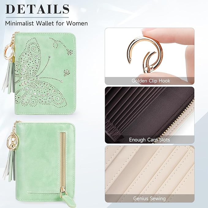 Women RFID Blocking Small Bifold Wallet, Compact Cash Clutch with Zipper Coin Pocket, Glittery Butterfly Design, Credit Card Holder, Travel Purse with Tassel PEPPERMINT-GREEN