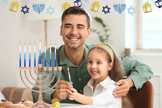 The Dreidel Company Premium 1-Hour Burn Time Tapered Hanukkah Menorah Candles Tri Color,Blue, and White, Candles for All 8 Nights of Chanukah