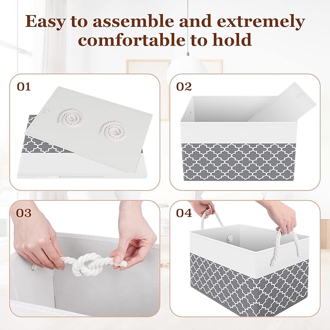 Fab totes Storage Bins [6-Pack], Foldable Storage Baskets for Organizing Toys, Books, Shelves, Closet, Large Storage Box with Rope Handles, Sturdy Organizer Bins,Clover Grey
