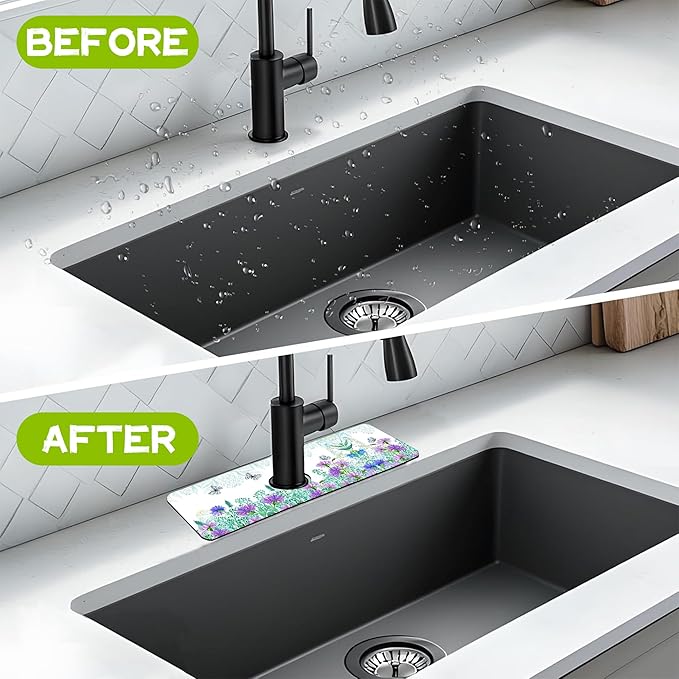 Watercolor Flowers Butterflies Kitchen Sink Splash Guard Faucet Mat Super Absorbent Fast Drying Mat Guard Behind Faucet Drip Catcher for Kitchen Bathroom, 15.5"X5.5"