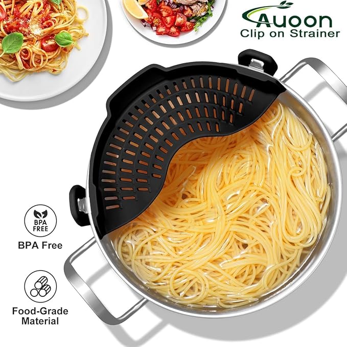 2PACK AUOON Clip on Strainer for All Pots Pans - Silicone Pasta Strainer Kitchen Colander for Draining Noodles Spaghetti Ground Beef Grease｜Easy to Use and Store, Dishwasher Safe (BlackGreen)