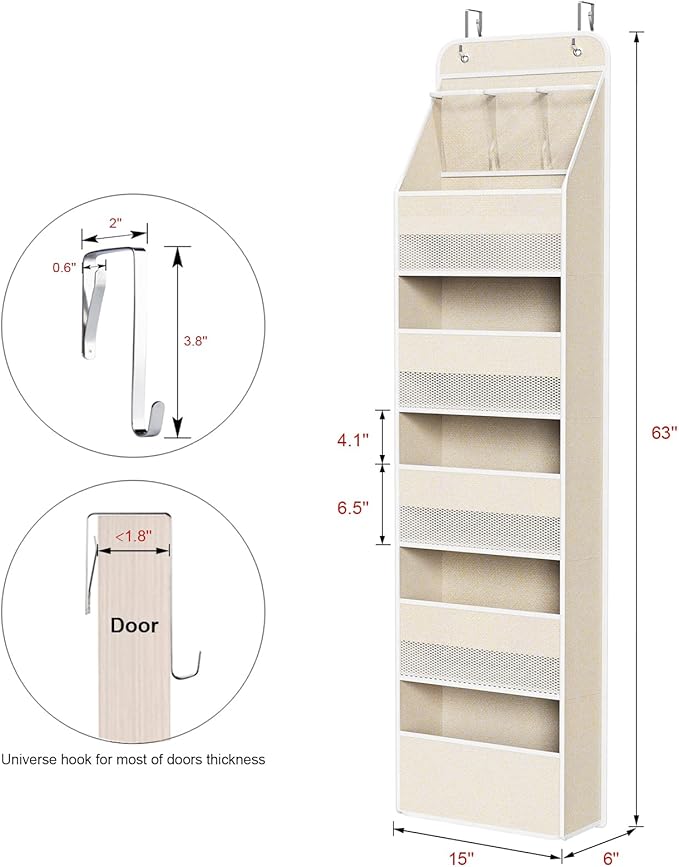 Univivi 6-Shelf Over Door Hanging Organizer Fabric Baby Door Storage with 5 Large Pockets and 3 Small PVC Pockets Wall Mount Hanging Storage Organizers for Baby Essential (Beige)